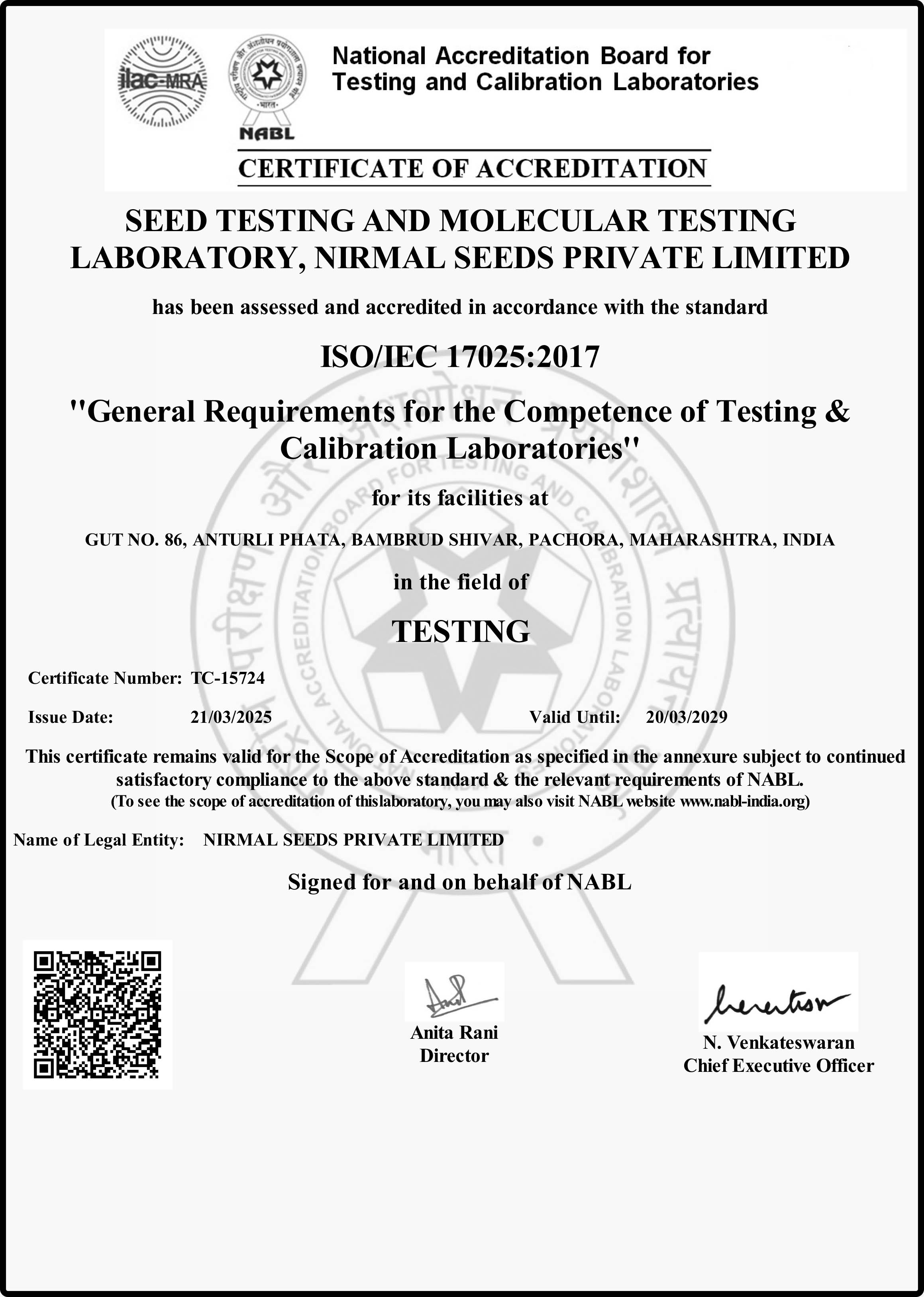 NABL Certification Certificate - Nirmal Seeds