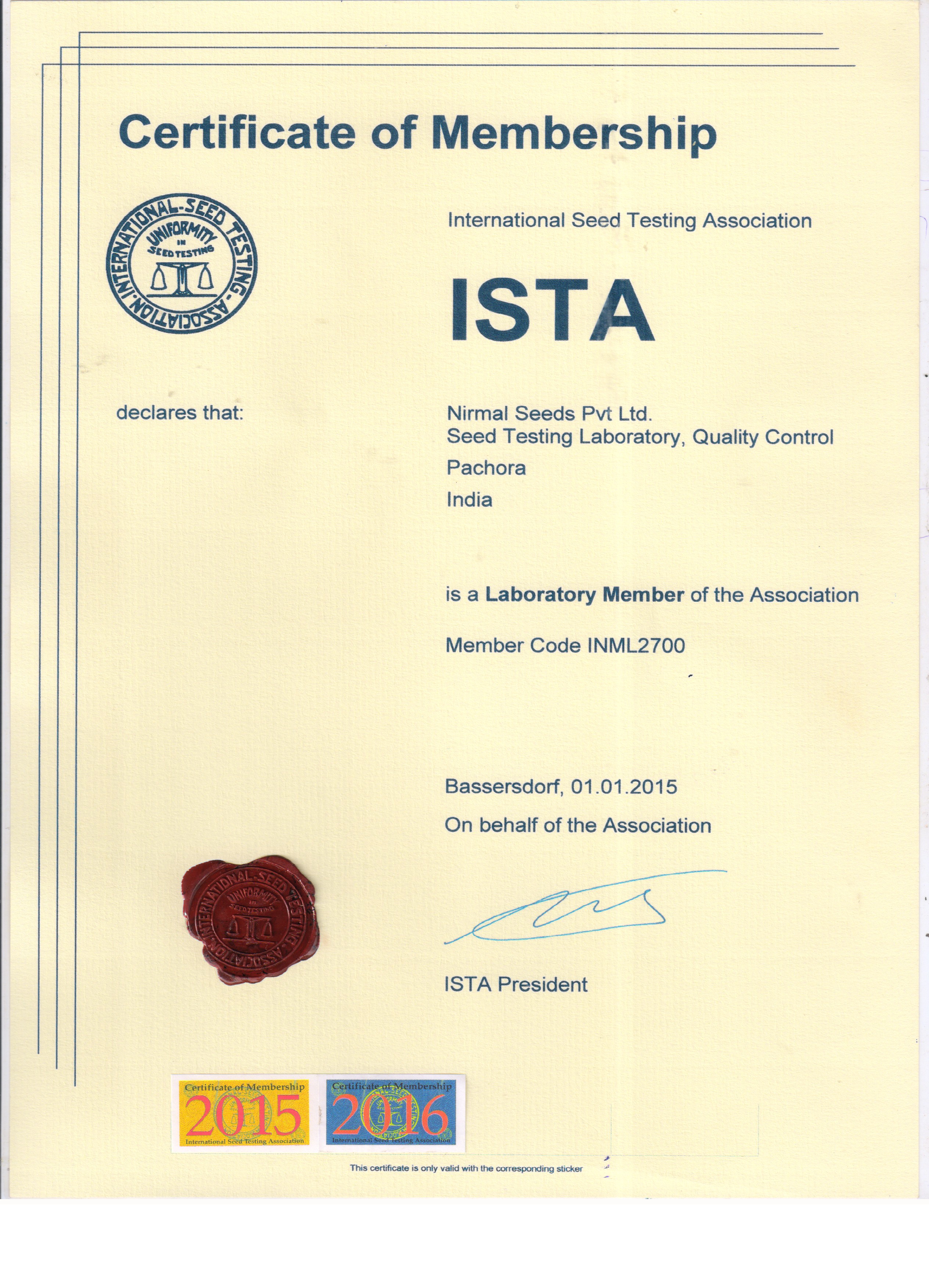 International Seed Testing Association Certificate - Nirmal Seeds