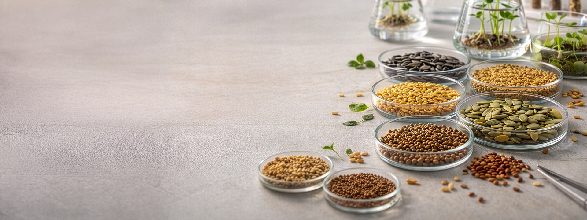 Variety of agricultural seeds displayed in glass bowls