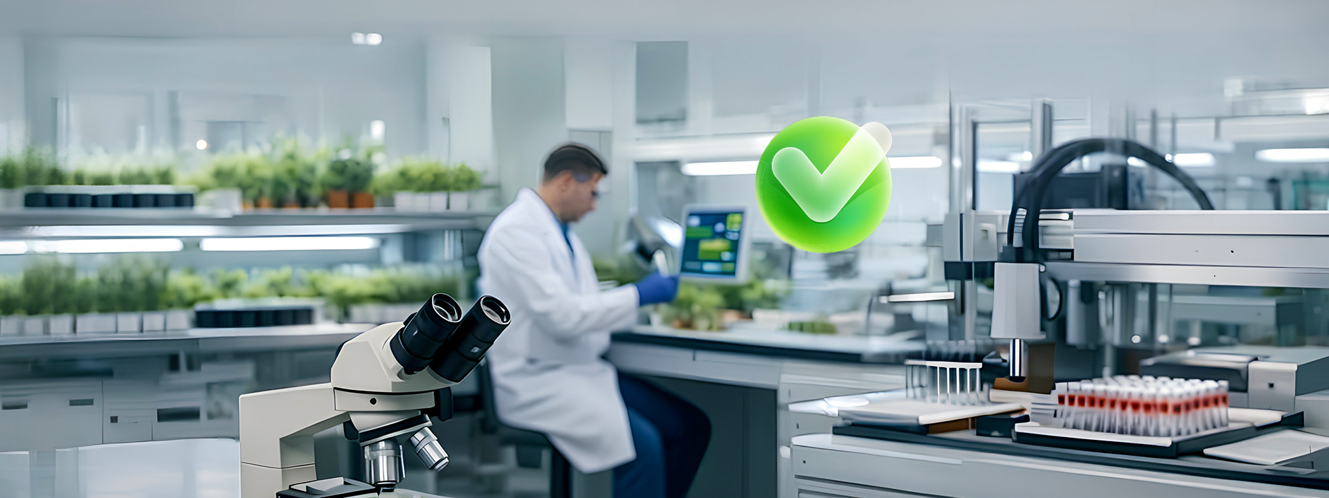 Seed research laboratory with scientist and agricultural testing equipment