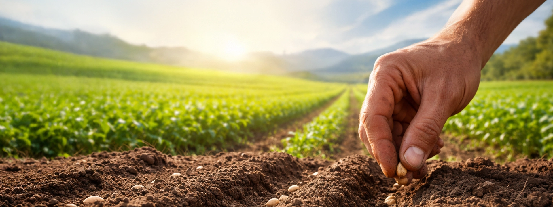 Farmer planting seeds in a green agricultural field